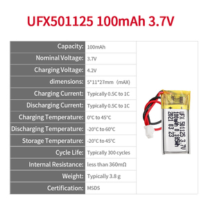 Slim lithium polymer pin có thể sạc lại ufx 501125 100mAh 3.7V lửa khẩn cấp Đèn pin MSDS bán buôn LiPo pin - Product Image 2