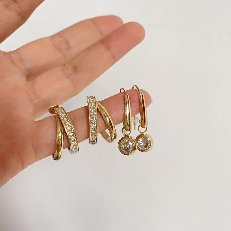 2 Designs Stainless Steel Shiny Cubic Zircon Hoop Earrings Double Circle Geometric Earrings Women Minimalist Jewelry Wholesale