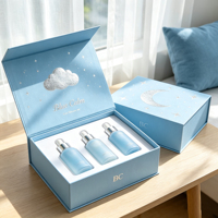 Boîte rigide magnétique Halo Moon avec laminage mat, estampage à chaud étoile et croissant dorés, doublure en éponge et insert EVA triple bouteille pour articles de luxe