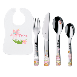 Regalo di nascita: Posate per bambini WMF Anneli con incisione (4 pezzi) + Bavaglino con nome Unicorno - Product Image 1