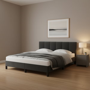 Base de Cama Moderna Tapizada en Terciopelo Gris Oscuro con Cabecera, Construcción Duradera de Madera Contrachapada, Tamaño Completo - Product Image 2