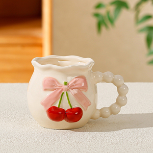Taza de Cerámica para Té con Leche, Diseño de Cereza y Lazo, Linda Taza de Porcelana para Café o Agua con Asa en Forma de Perla - Product Image 2