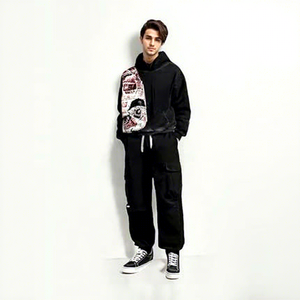 Sweat-shirt à capuche oversize pour homme, noir, imprimé par sublimation, style streetwear décontracté, en coton tricoté - Product Image 2