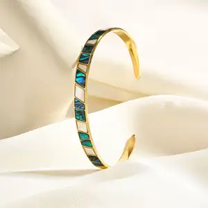 Temperament Open C Shape Plain Cuff Bangle 18K Gold Plated Stainless Steel Abalone White Shell Inlay Plaid Bangle