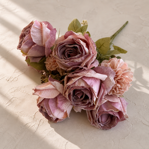 Ramo de Rosas Artificiales Vintage de 9 Cabezas <span class=keywords><strong>con</strong></span> Bordes Quemados, Ramo de Rosas Falsas Retro para Decoración de Mesa de Boda o Hogar - Product Image 6