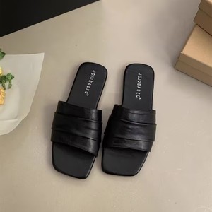Women's Flat Slide Sandals Korean Chic Ruched Soft Leather Flat Slide Sandals Square Toe Casual <b>Summer</b> <b>Slippers</b> - Product Image 2