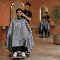 Cape de barbier imperméable finition satinée gris anthracite avec dos ouvert et col élastique pour salon de coiffure