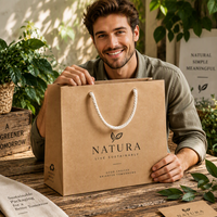 Sac de courses en papier kraft écologique et recyclable, avec ruban en corde de coton durable, impression sérigraphique, logo personnalisé, emballage promotionnel