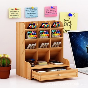 Wooden Desktop <b>Storage</b> Rack <b>4</b> Layers With <b>Drawer</b> For Stationery Office Supplies Organization - Product Image 3