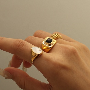 Thời trang retro phong cách Vuông hình học Chunky 18K mạ vàng thép không gỉ nhẫn phụ nữ Lapis đá vòng sang trọng đá quý Nhẫn - Product Image 5