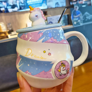 Einhorn Keramik Tasse mit Thermo deckel niedlichen Cartoon Creative Ins Büro Kaffee becher Großhandel Geschenk becher für Wasser Bier Tee Wein - Product Image 2