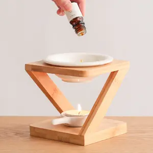 Kompor diagonal kreatif aromaterapi meja pembakar minyak bambu alami teh lampu pemegang dengan mangkuk keramik untuk lilin meleleh