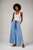 Falda Maxi Vaquera Azul para Mujer, Estilo Americano Relajado, con Cordón Ajustable y Diseño Empalmado