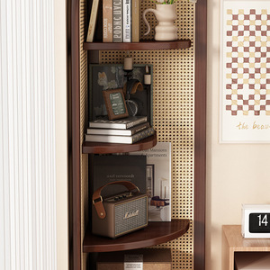 Hongxiang Retro Rattan Corner <b>Bookcase</b> With Back <b>Solid</b> <b>Wood</b> Three Tier Shelf Space Saving For Living Room Bedroom - Product Image 3