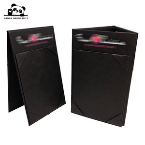 Custom Logo 5 X 7 Black PU Leather Cardboard <strong>Book</strong> 3 Panels Triple View Table Tent Menu Holder Hard Cover Table Top Display - Product Image 2