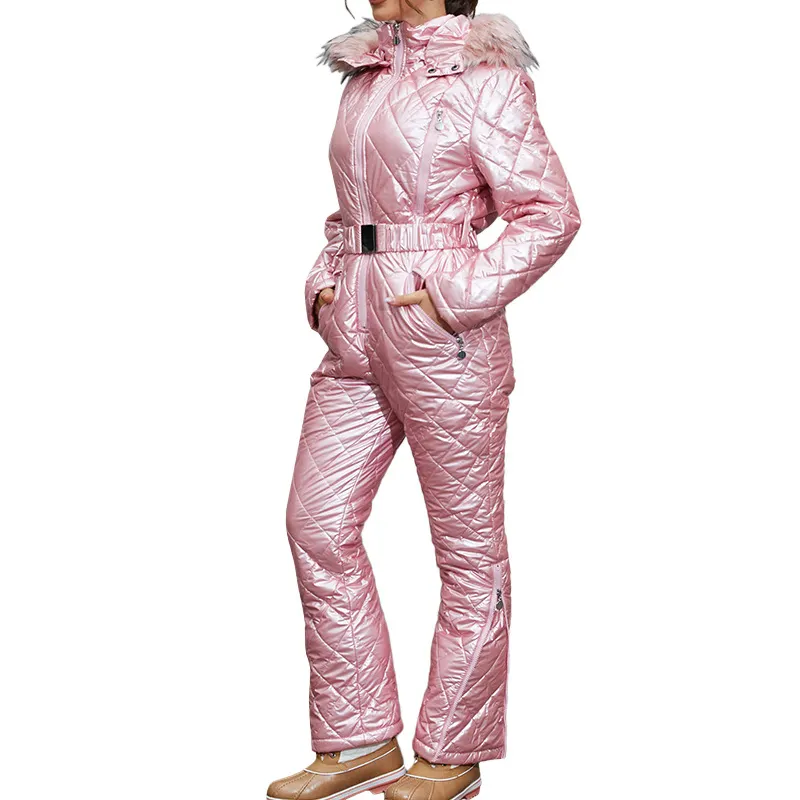 Женский зимний цельный лыжный костюм, зимний ветрозащитный дождевик с меховым воротником, лыжный комбинезон, зимний комбинезон