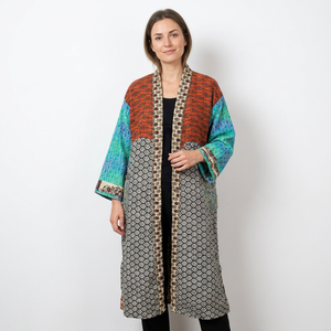 Bata Larga Térmica de Seda 100% Tejida Suave para Mujer, Estampado Paisley Geométrico, Estilo Kimono Holgado, Ideal para Primavera, Casual - Product Image 1