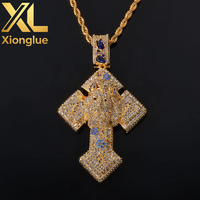 Collier Pendentif Unisexe Créatif en Cuivre Plaqué Or 18K avec Breloque Croix Hip Hop Tendance et Zircon Fleur Bleue, Anti-ternissement, Idéal Cadeau