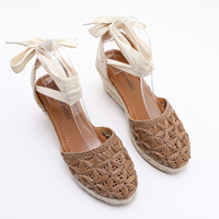 Sandales marron grande taille pour femme, à talons hauts, avec bride cheville, bout fermé, talon compensé épais en paille tressée, pour l'été