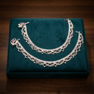 Tobillera nupcial de plata de ley 925, cadena de pie Payal india tradicional, pulsera de joyería fina con gemas, par de tobilleras de plata. - Product Image 2