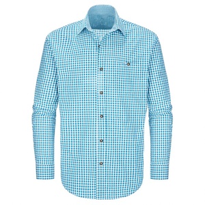 Chemise à manches longues pour homme, turquoise et blanche, 100% coton, tissu à carreaux, col rabattu, chemise décontractée bavaroise à carreaux pour l'Oktoberfest - Product Image 1