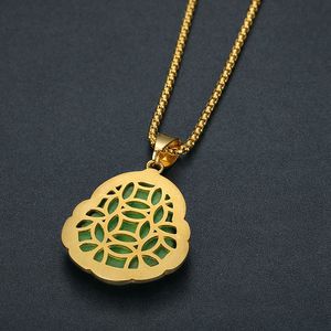 Maitreya Buddha Pendant Stainless Steel Gold Plated Rhinestone Inlay Green Cat's Eye Stone Unisex Necklace Gift - Product Image 4