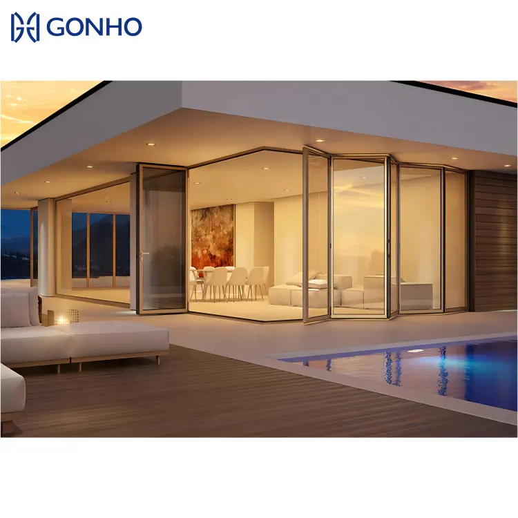 GONHO Aluminio Apilable Vidrio Fibra de vidrio Venta Patio Acordeón Puerta plegable Ventanas y puertas de aluminio