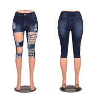 Summer Destroyed Cropped Trouser Plus Size Hollow Out Blue Jeans Causal Ripped Women Jeans Shorts