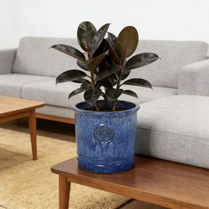 Pot de fleurs en céramique émaillée bleue brillante de style américain, écologique, durable, avec motif médaillon en relief, pour l'intérieur et l'extérieur du jardin - Product Image 1