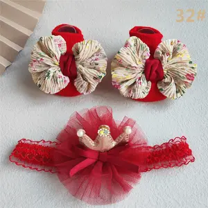 Moda europea per neonati Set di calze e cerchietti per ragazze in pizzo fiori corona di fiocchi accessori per capelli per bambini