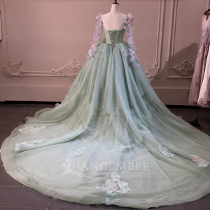 XS293 Glitter Mint Green <b>Ruffle</b> Evening Ball Gown <b>Dresses</b> With Sleeve - Product Image 4