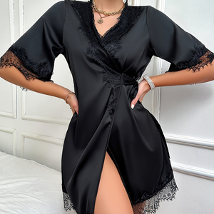 Los últimos y cómodos pijamas para el hogar, camisones, Sexy, De satén sedoso, empalmado, con cordones, tentación sólida, lencería para verano y primavera - Product Image 2