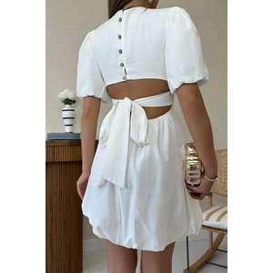 Vestido de Lino Blanco con Lazos en la Espalda, Corte en A, Cuello Redondo, Cintura Natural, Transpirable, Informal para el Día a Día, Tejido de Lino - Product Image 2