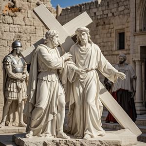 Chrétien Catholique Célèbre Grande Pierre Sculpter Jésus 14 Stations Cinquième Station Marbre Blanc <span class=keywords><strong>Simon</strong></span> Aide Jésus Porter Croix Sculpture - Product Image 5