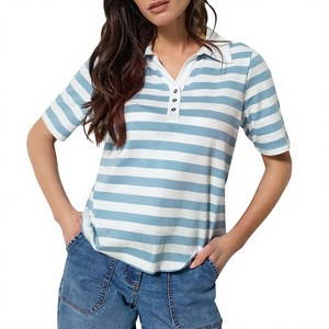 Polo rayé bleu et blanc pour femme, en coton, manches courtes, mode décontractée, été, chemise de golf, logo personnalisé, vêtements en gros - Product Image 1