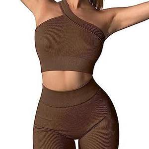 Conjunto de Yoga de Tres Piezas para Mujer, de un Solo Hombro, Sin Espalda, Acanalado, Sin Costuras, Sólido, Transpirable, de Secado Rápido, de Cintura Alta, 100% Poliéster, para Fitness - Product Image 2