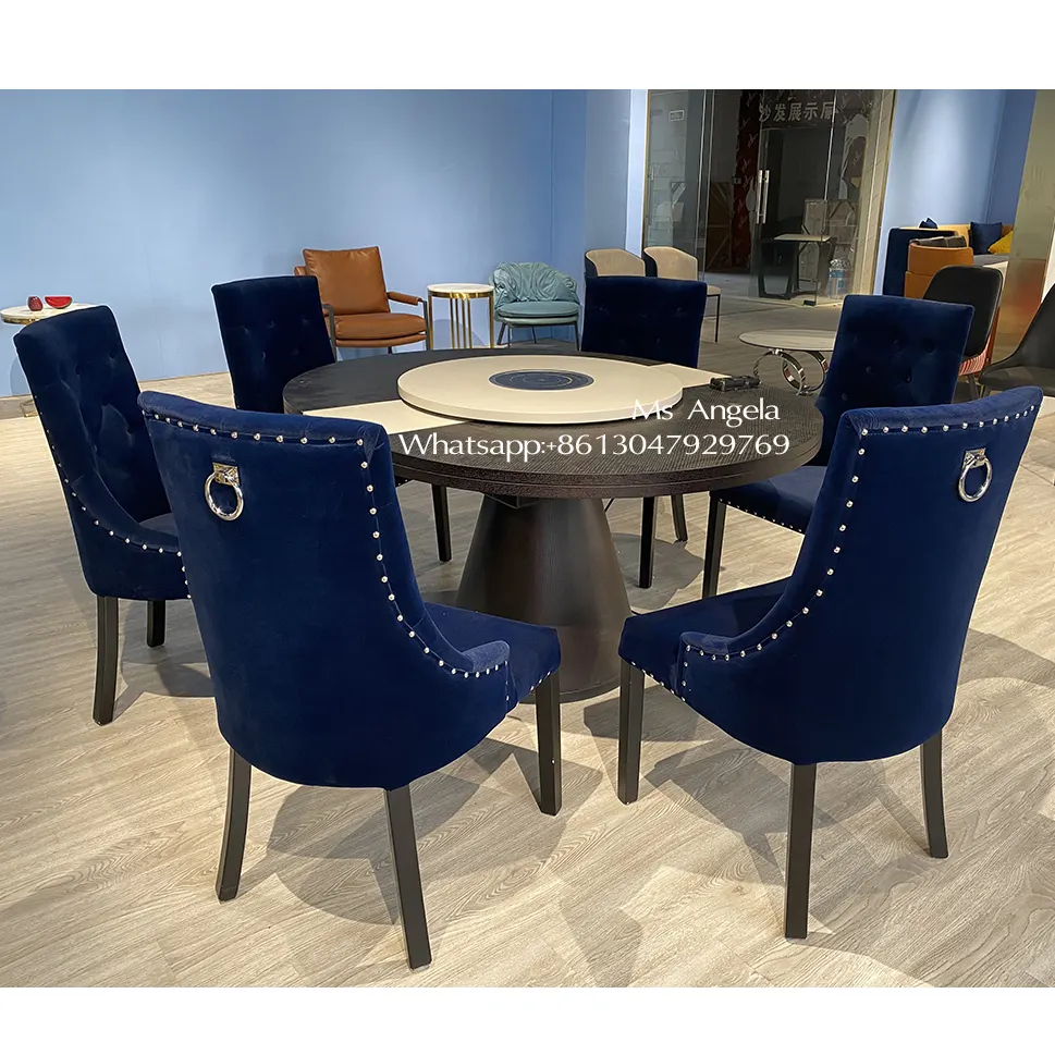 A buon mercato moderno blu scuro velluto sedie della sala da pranzo retro con anello knockback trapuntata con pulsante di velluto sedia da pranzo