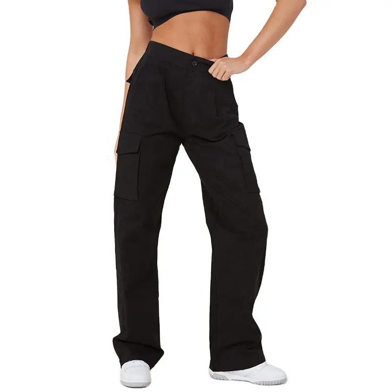 Women trousers 100% cotton twill classic multiple pocket adjustable tie waistband black vintage wide leg cargo pants