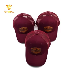 Factory Supplier OEM Service 6 Panel Unisex Maroon Leather Patch Cotton Mesh Plastic Buckle Trucker Cap Hats 100 - 9