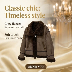Giacca da motociclista da donna all'ingrosso in finta pelle scamosciata con fodera in <span class=keywords><strong>pelliccia</strong></span> sintetica, antivento, traspirante, con risvolto vintage e cerniera, con finiture in <span class=keywords><strong>pelliccia</strong></span> sintetica, autunnale - Product Image 6