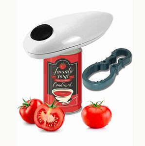 Ouvre-boîte électrique portable en plastique, simple, à bouton-poussoir, bord lisse, sans danger pour les aliments, écologique, composants en acier inoxydable - Product Image 1