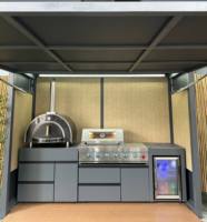Système d'armoires de cuisine extérieures en acier inoxydable étanche au design moderne pour appartement, avec comptoir en granit, évier, robinet et barbecue à gaz