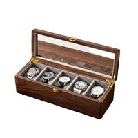 Caja de Madera de Lujo para Relojes con Tapa de Cristal, 5 Ranuras, Estuche de Almacenamiento de Nogal con Ventana Transparente, Organizador y Exhibidor de Joyas