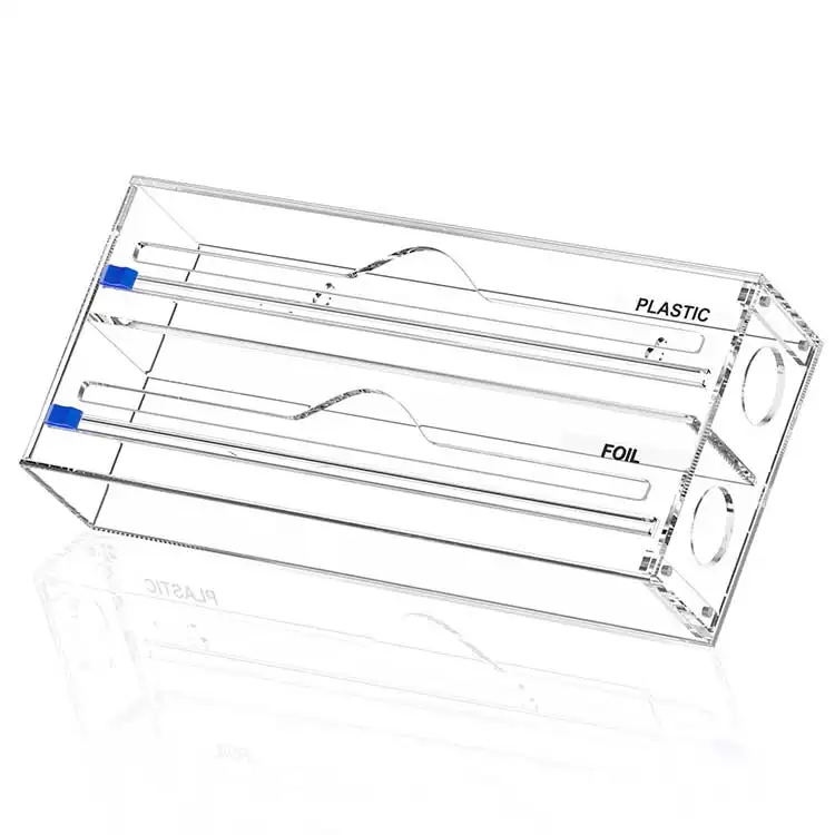 Kotak Penyimpanan Laci Dapur 2 Dalam 1, Dispenser Pembungkus 2 Dalam 1, Foil Akrilik Bening dan Pengatur Plastik Bungkus dengan Pemotong dan Label