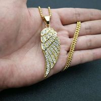 Venta al por mayor Hip Hop 18K chapado en oro de acero inoxidable con incrustaciones de circón alas de Ángel colgante con collar de cadena para hombres y mujeres (BN131)