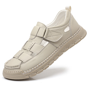 Sandalias de Cuero para Hombre, Diseño Calado, Cierre de Velcro, Transpirables, Casuales, Color Beige, Tallas 40-46 - Product Image 5