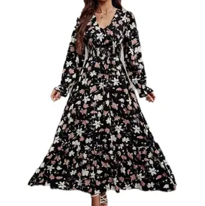 2024 Hete Verkoop Dames Jurken Kleding Ontwerp Plus Size Design V-Hals Jurk Met Bloemenprint