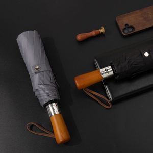 Parapluie pliant automatique 3 sections avec logo personnalisé, poignée en bois massif, coupe-vent, imperméable, idéal pour cadeaux d'affaires - Product Image 3