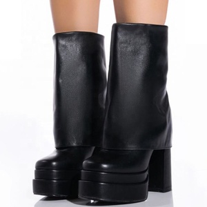 Trendy Short Overlay Platform Chunky High Heels Ankle <b>Boots</b> for Women Square Toe Folded Over Shoes - Product Image 3
