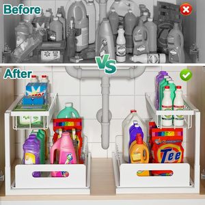 Organisateur de maison en plastique à deux niveaux Étagère coulissante multi-usage pour le <span class=keywords><strong>rangement</strong></span> <span class=keywords><strong>sous</strong></span> l'évier de la cuisine pour les éviers soucieux de l'espace - Product Image 4